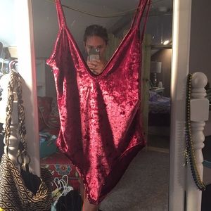 Pinkish/Red plunge velvet bodysuit